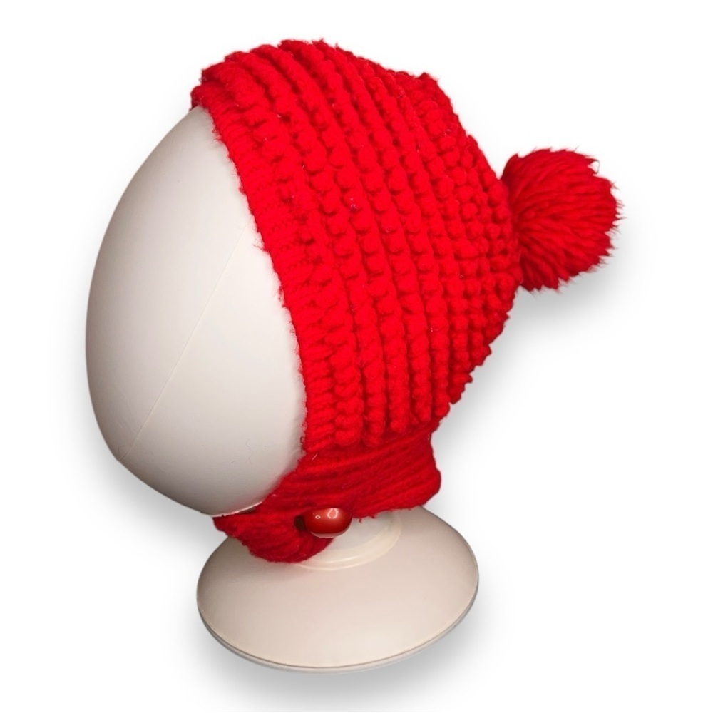 VINTAGE RED KNIT HANDMADE CHILDS HAT CROCHET RETRO VIBRANT HOLIDAY